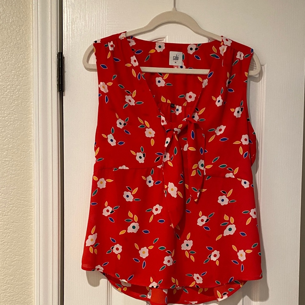 CAbi Red Floral Tie-Neck Sleeveless Blouse